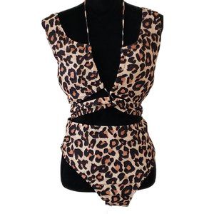 Womens Leopard Print Cut Out Swimsuit One Piece Cheeky Scoop Back Brown Size 3XL